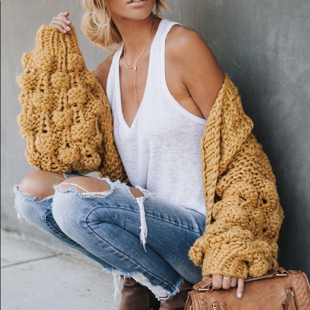 NEW! Mustard Pom Sleeve Loose Knit Fuzzy Cardigan - Picture 5 of 7